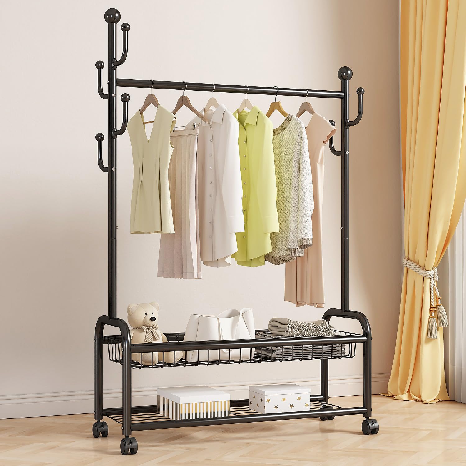 GAMNOF Black Clothes Rack with Wheels, Black Clothing Rack for Hanging Clothes, Black Garment Rack with Storage Shelf, Freestanding Rolling Clothes Rack