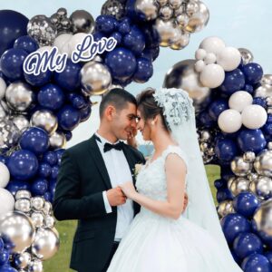 Navy Blue and Silver Balloon Garland Arch Kit, Royal Blue Metallic Silver White Balloons for Birthday Baby Shower Wedding Graduation Party Decorations