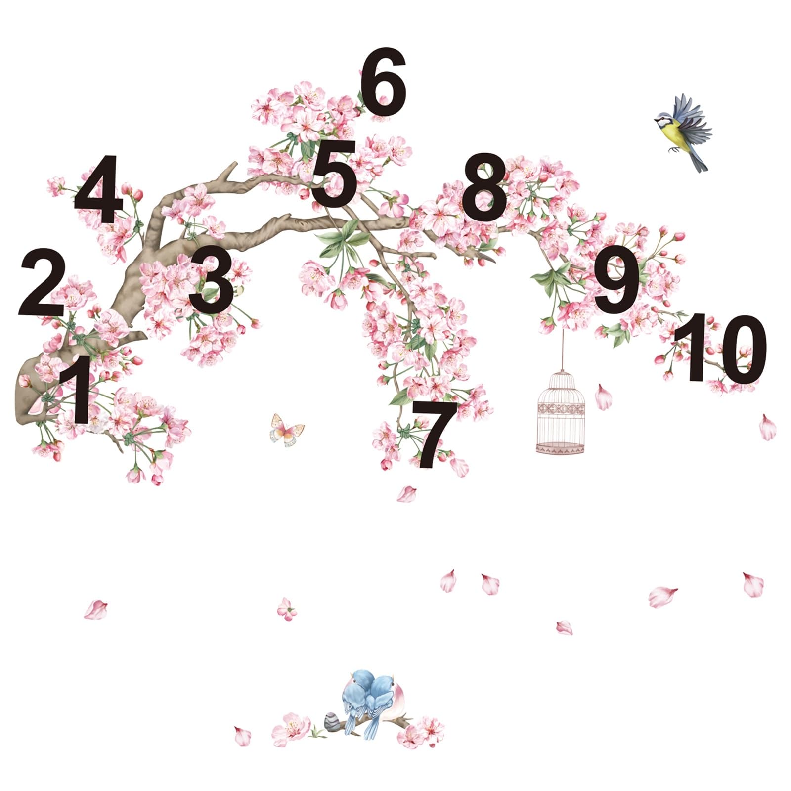 decalmile Cherry Blossom Tree Branch Wall Decals Pink Flower Birds Wall Stickers Bedroom Living Room Sofa TV Background Wall Decor