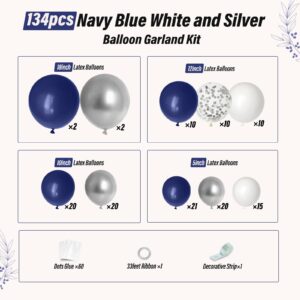 Navy Blue and Silver Balloon Garland Arch Kit, Royal Blue Metallic Silver White Balloons for Birthday Baby Shower Wedding Graduation Party Decorations