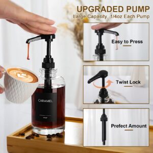 Coffee Syrup Dispenser for Coffee Bar, Glass Syrup Dispenser with 1/4oz Large Capacity Pump, Coffee Syrup Pump Dispenser Bottle for Coffee Station, Coffee Bar Organizer, Black,16oz