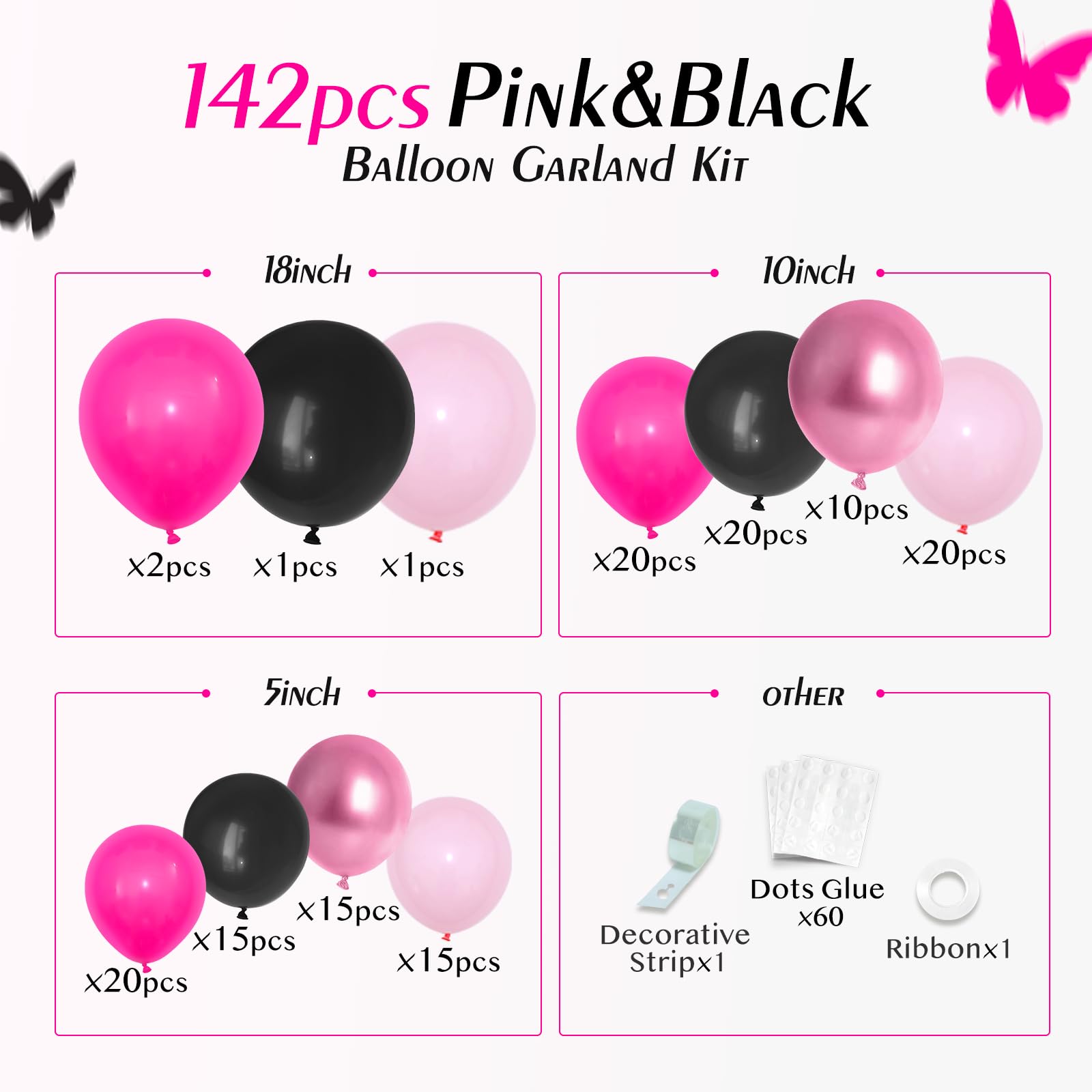 Pink and Black Balloon Arch Kit, Hot Pink Black Light Pink Metallic Pink Balloons for Birthday Baby Shower Bridal Shower Wedding Princess Party Decorations