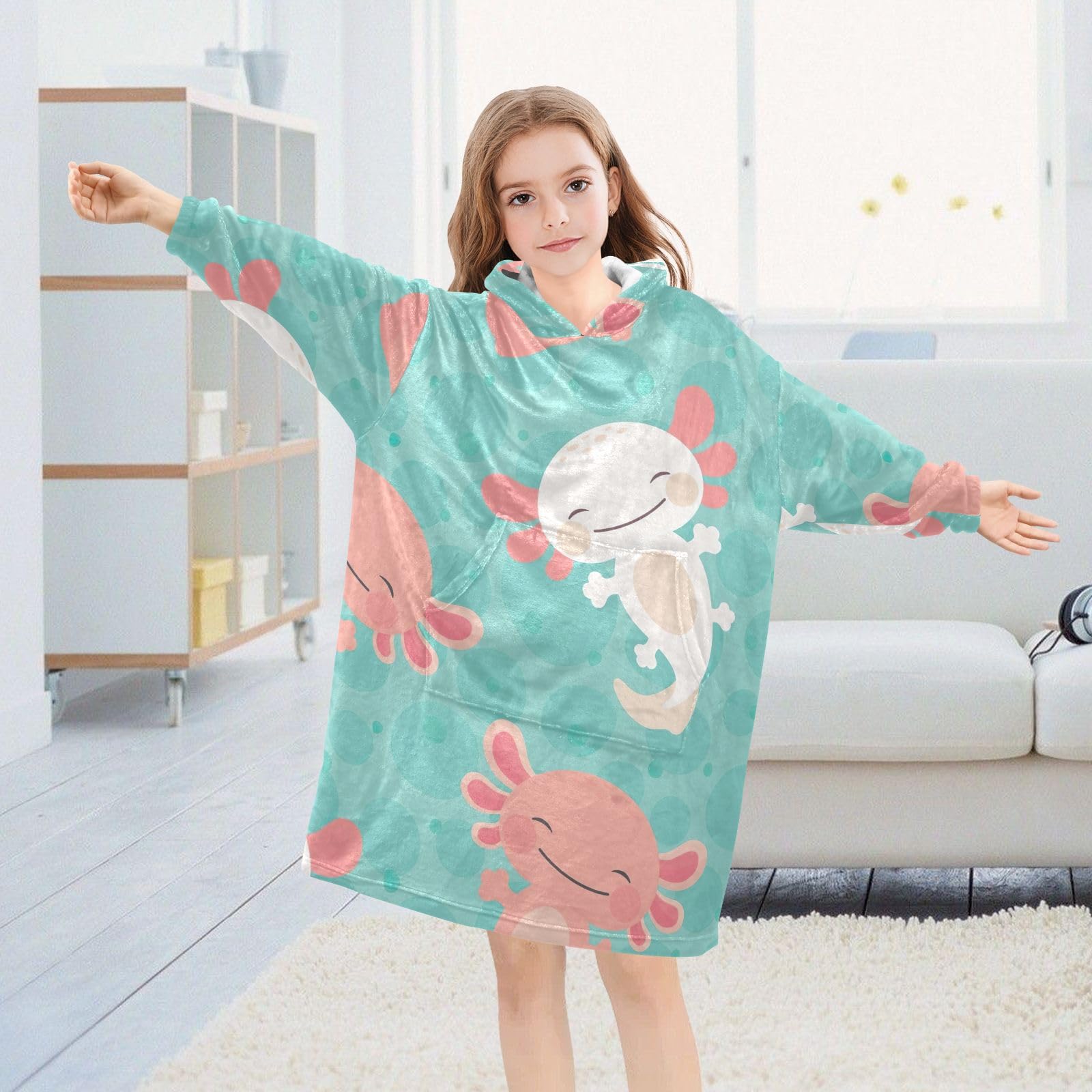 Joisal Kawaii Axolotl Pattern Boys Wearable Blanket Flannel Blanket Sweater with Pocket, Cozy Hoodie Blanket