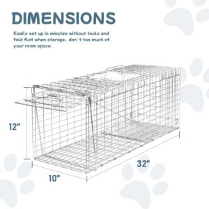 Animal Trap 32"x10"x12" Cage Trap, Heavy Duty Folding Raccoon Traps, Humane Cat Trap for Stray Cats,Rabbits,Squirrels,Outdoor Small Animal Trap,Humane Catch & Release