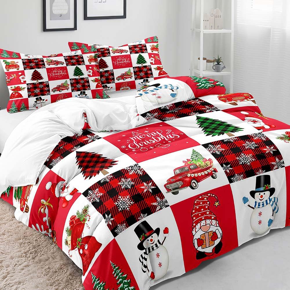 LUVIVIHOME 3PCS Christmas Duvet Cover King Bedding Set, Santa Claus Snowman Gnome Snowflake Christmas Tree Holiday New Year Xmas Checkered White Red Buffalo Plaid Comforter Quilt Cover, 2 Pillow Cases