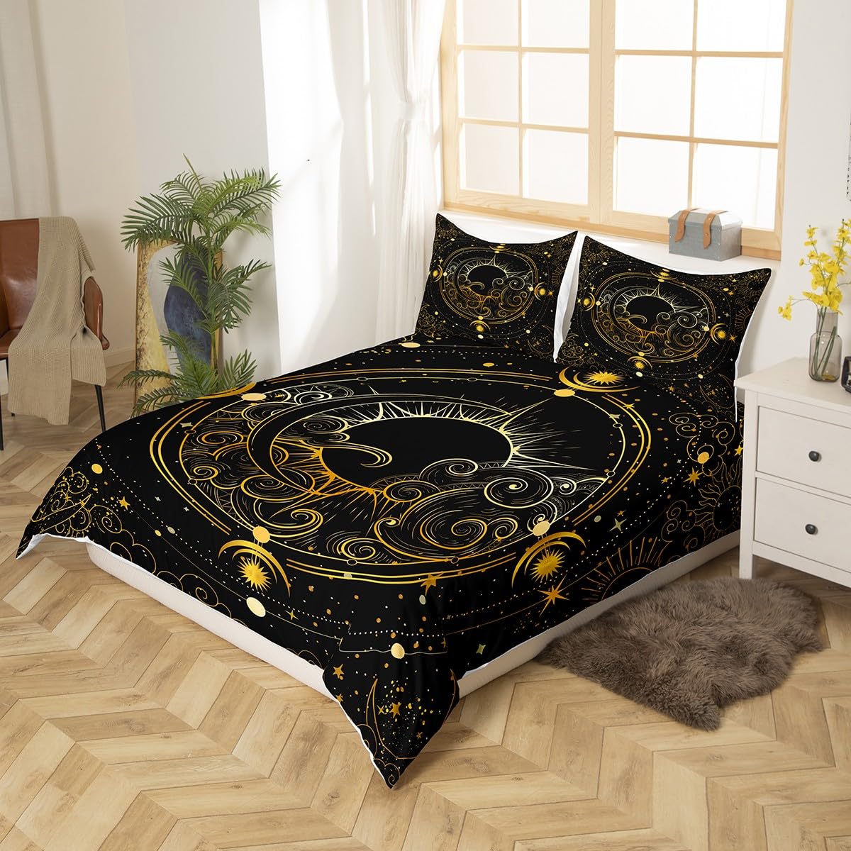 jejeloiu Sun and Moon Comforter Cover Set King Size Kids Boho Duvet Cover Set for Boys Girls Teens Bohemian Bedding Set Breathable Gold Exotic Bedspread Cover Room Decor Quilt Cover