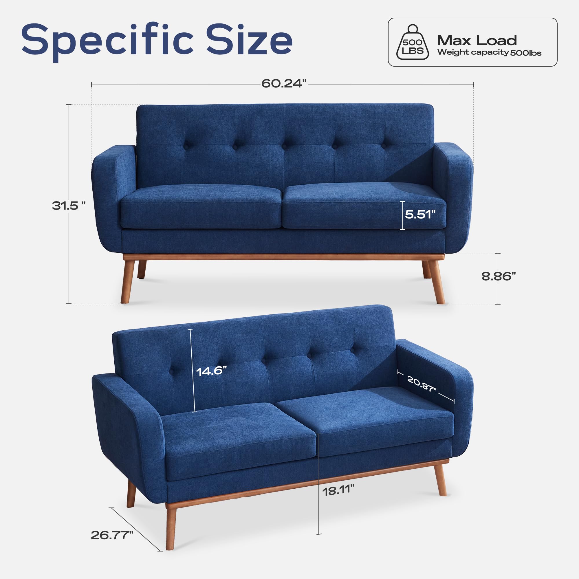 HUIMO 60'' Loveseat Sofa, Mid Century Modern Love Seat Couches for Living Room, Upholstered Love Seats Furniture with Solid Frame Button Tufted Small Couch for Bedroom Office Apartment (Dark Blue)