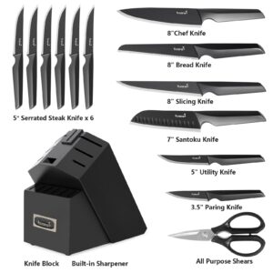 Kuisine Premium Knife Set,One-piece Molding 15PCS,High Carbon Stainless Steel Ultra Sharp,Non-slip Ergonomic Solid Steel Handle,Built-in Sharpener Knife Block Set,Luxury Gift(Black)