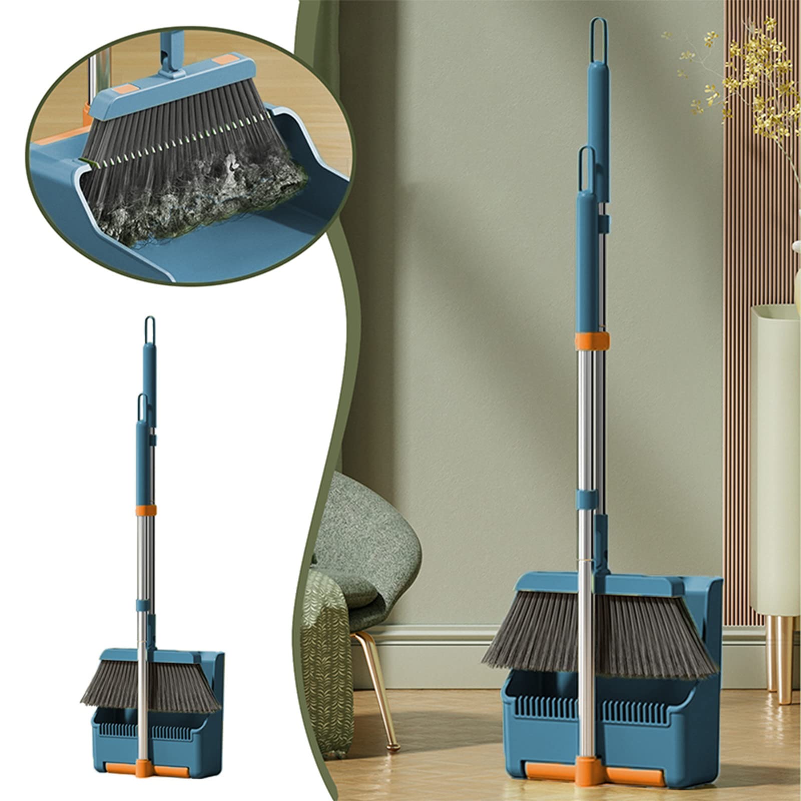 30'' Broom and Dustpan Set for Home with Scraping Teeth and Scraper, 180° Rotatable Long Handle Broom with Stand Up Dustpan Combo Set for Office Home Kitchen Lobby Floor, House Warming Gifts (Blue)