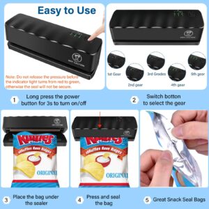 Bag Sealer - Mini Rechargeable Food Sealer Machine,5 Adjustable Gears Chip Bag Resealer,with 3000mAh Battery and 4.7" Heating Strip Seal for Vacuum Sealer Bags, Food Snack Bags Storage (Black)