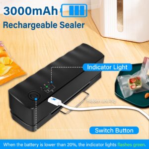 Bag Sealer - Mini Rechargeable Food Sealer Machine,5 Adjustable Gears Chip Bag Resealer,with 3000mAh Battery and 4.7" Heating Strip Seal for Vacuum Sealer Bags, Food Snack Bags Storage (Black)