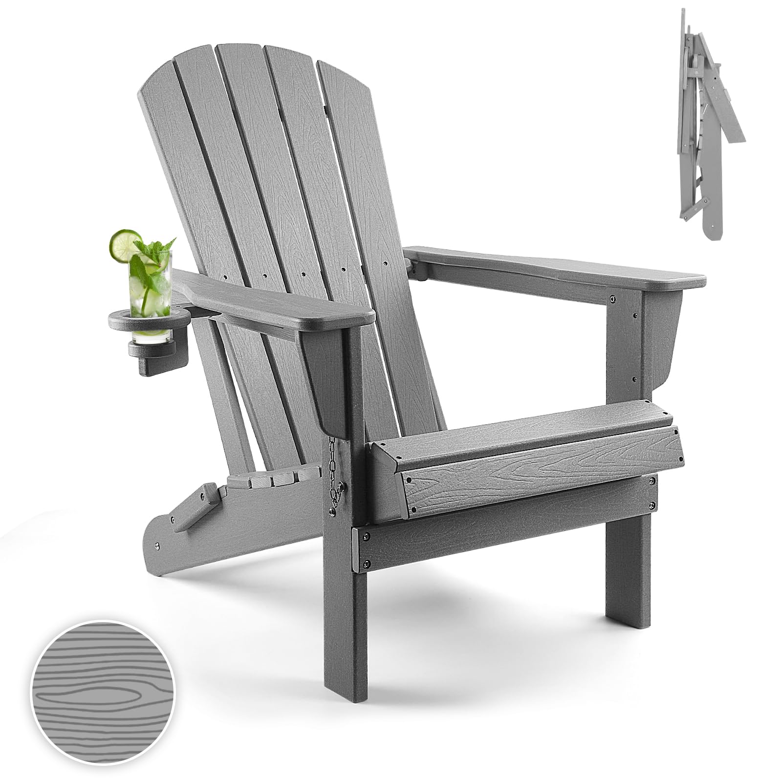 FUNBERRY Adirondack Chair,Plastic Adirondack Chairs,Wood Texture Fire Pit Chairs,Folding Adirondack Chairs,Composite Adirondack Chairs,Resin Adirondack Chairs with Cup Holder (Grey)