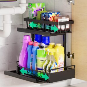 under sink organizer,metal 2 tier under sink organizers and storage basket,slide out under cabinet organizer shelf,multi-purpose pull out drawer cabinet organizer for kitchen bathroom cabinet,black