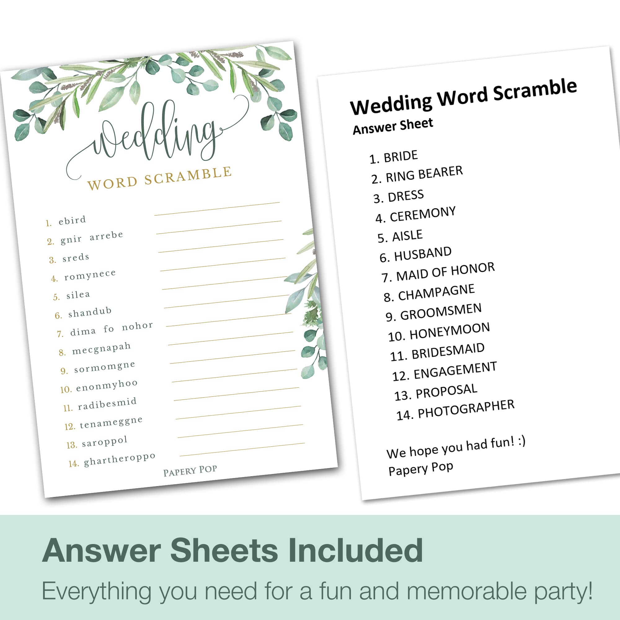 Papery Pop Bridal Shower Games - Wedding Shower Games - 4 Games for 25 Guests - Double Sided Cards - Eucalyptus