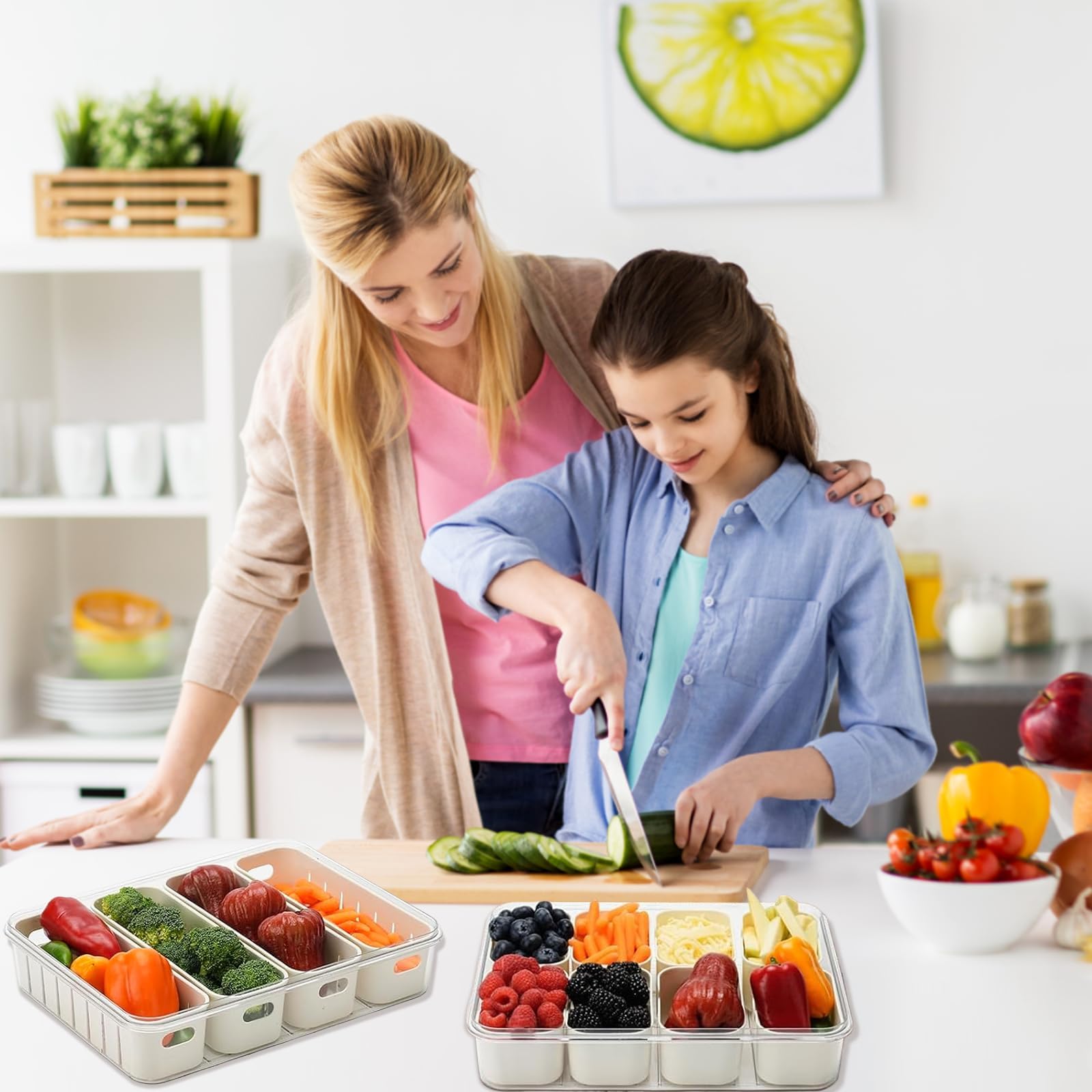 Salad Bar Containers for Fridge, 4 Compartment Divided Serving Tray with Lid & Handle for Fridge Fruit Charcuterie Storage, Veggie Tray Drainer Container Berry Snackle Box Container, BPA-Free