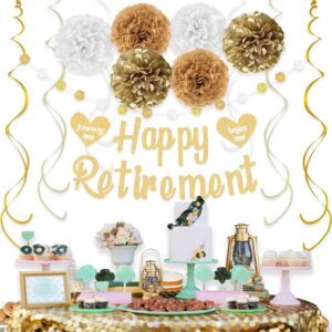 KOKAR Happy Retirement Decorations – Gold Happy Retirement Banner, Paper Pom Poms, Hanging Swirls and Glitter Circle Dots Garland for Retirement Party Decorations