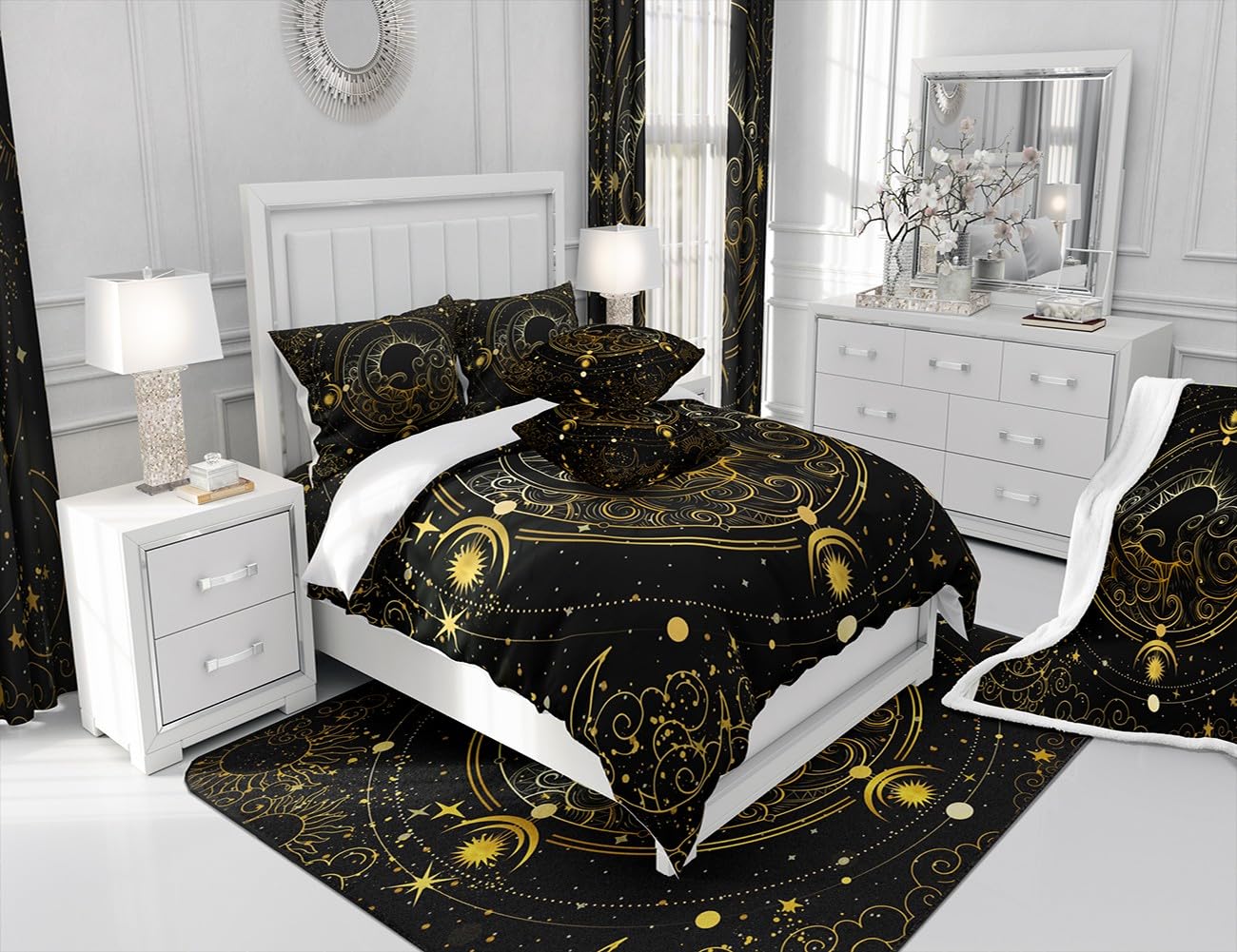 jejeloiu Sun and Moon Comforter Cover Set King Size Kids Boho Duvet Cover Set for Boys Girls Teens Bohemian Bedding Set Breathable Gold Exotic Bedspread Cover Room Decor Quilt Cover