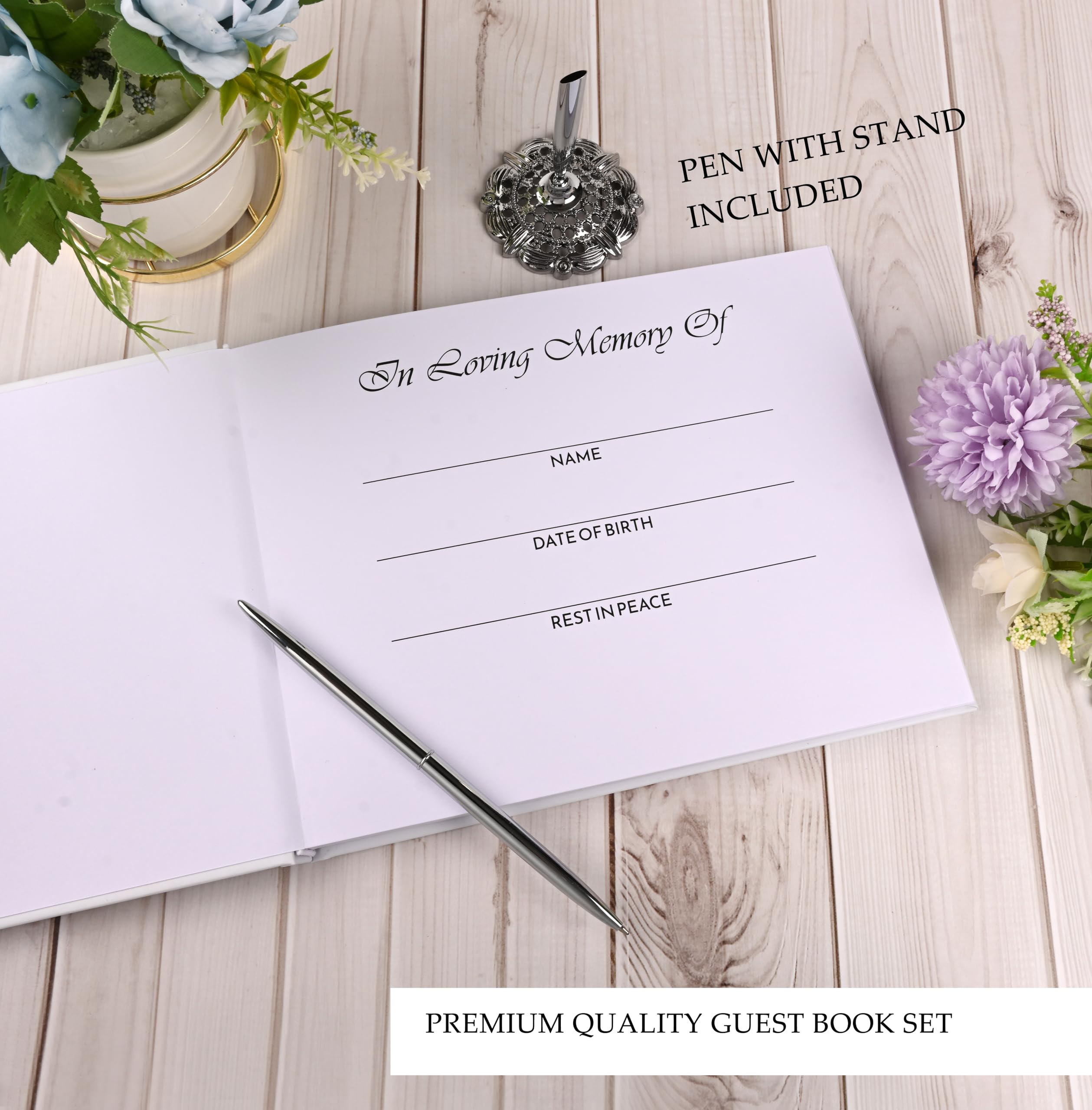 Customoffi Guest Book Set, Funeral Guest Book, Includes: Guestbook with 100 Pages, 60 Memory Cards, Ball Pen+Pen Stand, Table Sign, Card Box, Celebration of Life Guest Book, Memorial Guest Book