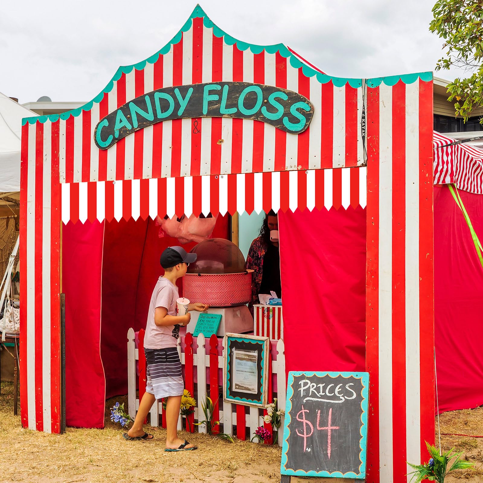 SmoothNovelty Carnival Tent Circus Theme Party Decorations White and Red Striped Circus Awning Decor 3D Awning Circus Tent Canopy for Mardi Gras Carnival Theme Party Decor, 9.84 x 78.74 Inch (3 Pcs)