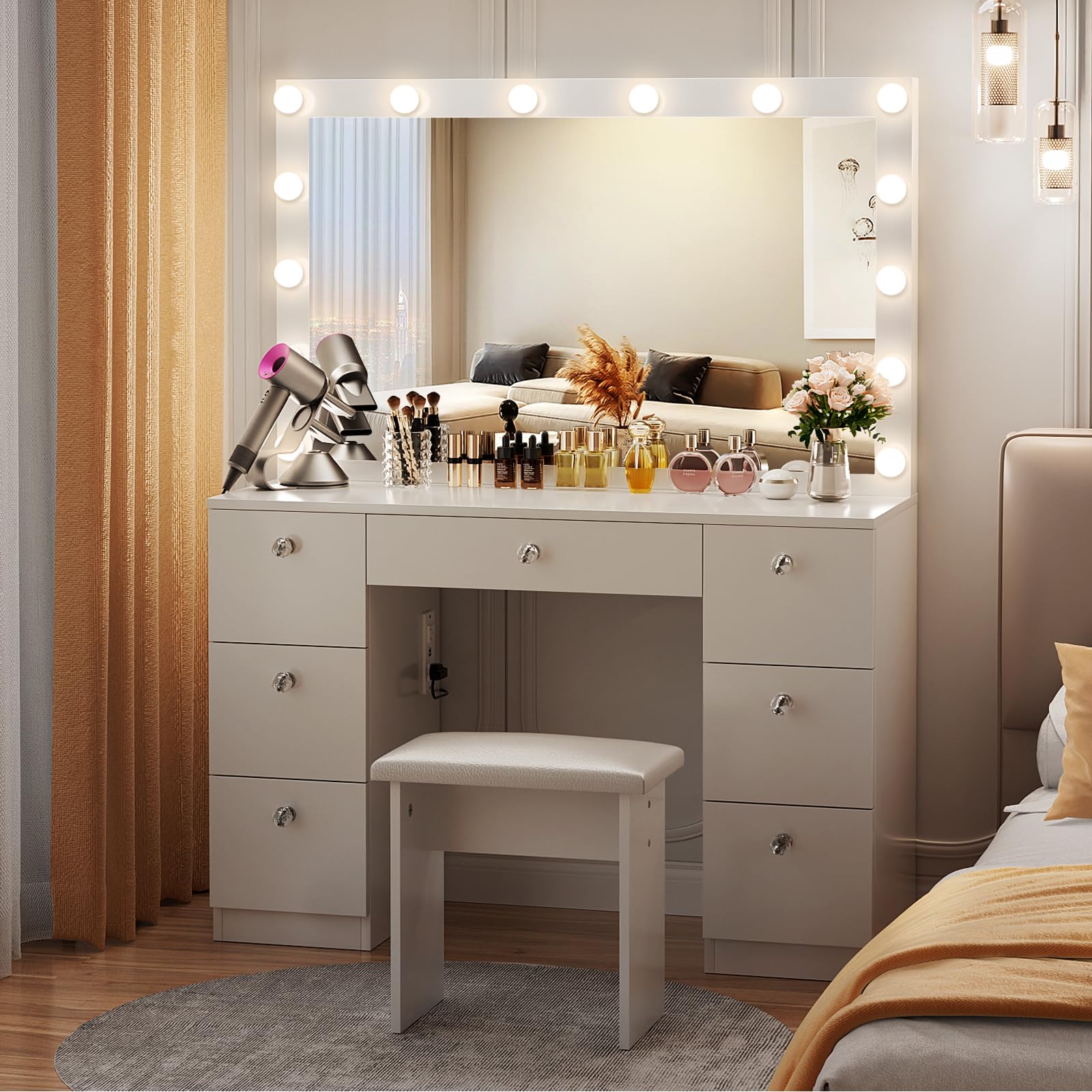 VOWNER Vanity with Lighted Mirror - Makeup Vanity Desk with Power Outlet and 7 Drawers, 3 Color Lighting Modes Adjustable Brightness, 44" Vanity Table with Soft Cushioned Stool for Women Girls, White