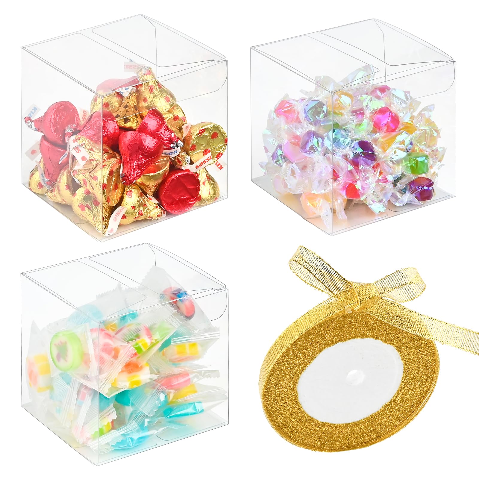 Ohuimrt 45 Pack Clear Favor Boxes, 3 x 3 x 3 Inches Transparent Plastic Gift Boxes with Ribbon Individual Macaron Boxes Candy Boxes Party Favor Boxes