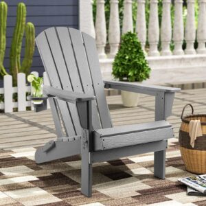 FUNBERRY Adirondack Chair,Plastic Adirondack Chairs,Wood Texture Fire Pit Chairs,Folding Adirondack Chairs,Composite Adirondack Chairs,Resin Adirondack Chairs with Cup Holder (Grey)