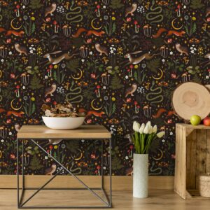 VEELIKE Fairytale Forest Botanical Wallpaper Peel and Stick Dark Moon Stars Floral Wallpaper for Bedroom Nursery Removable Woodland Wallpaper 17.7''x118'' Self Adhesive Contact Paper for Walls Cabinet