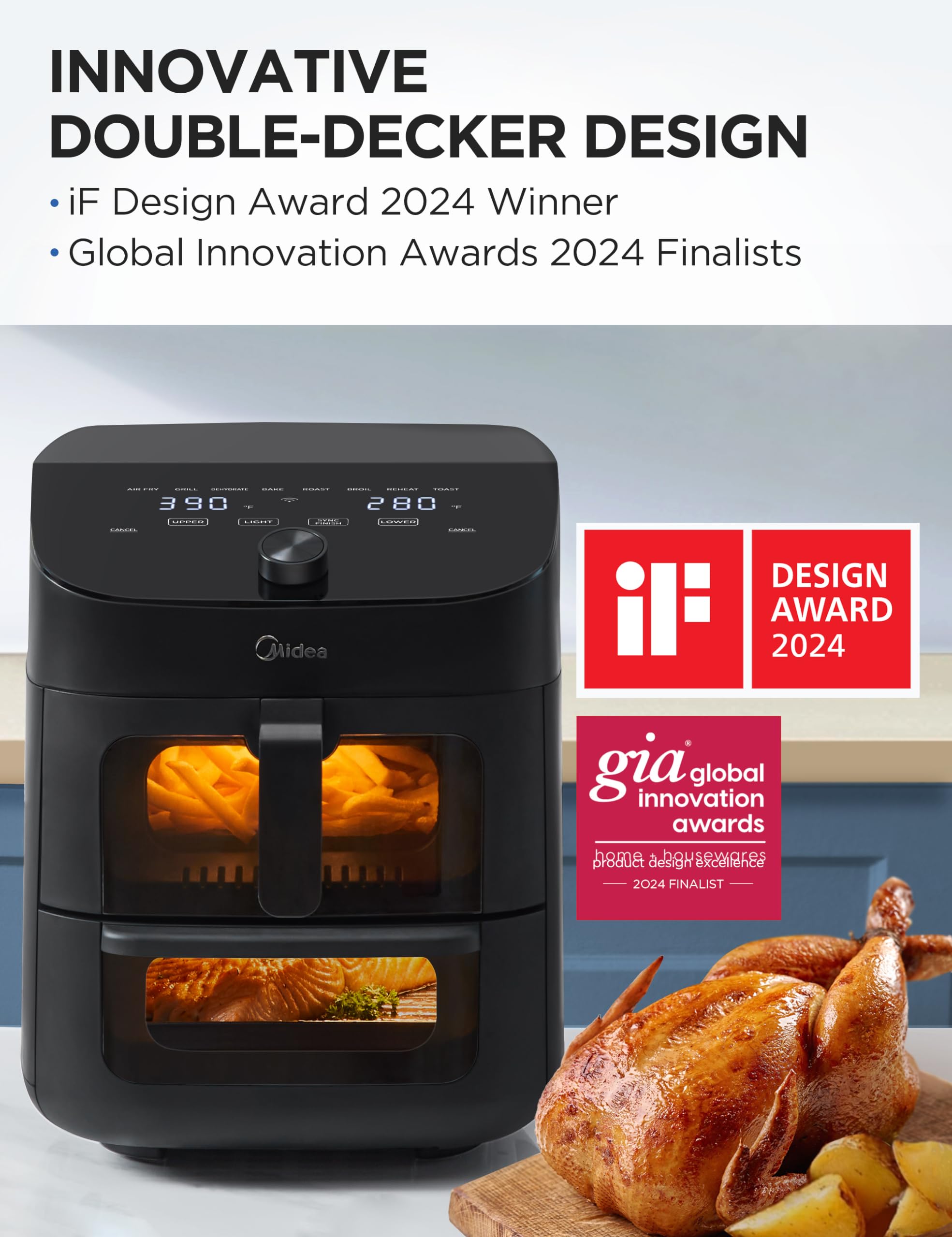 Midea Dual Basket Air Fryer Oven 11 Quart 8 in 1 Functions, Clear Window, Smart Sync Finish, Works with Alexa, Wi-Fi Connectivity, 50+ App Recipes for family meals, Bake, Roast, Grill, Broil, Toast