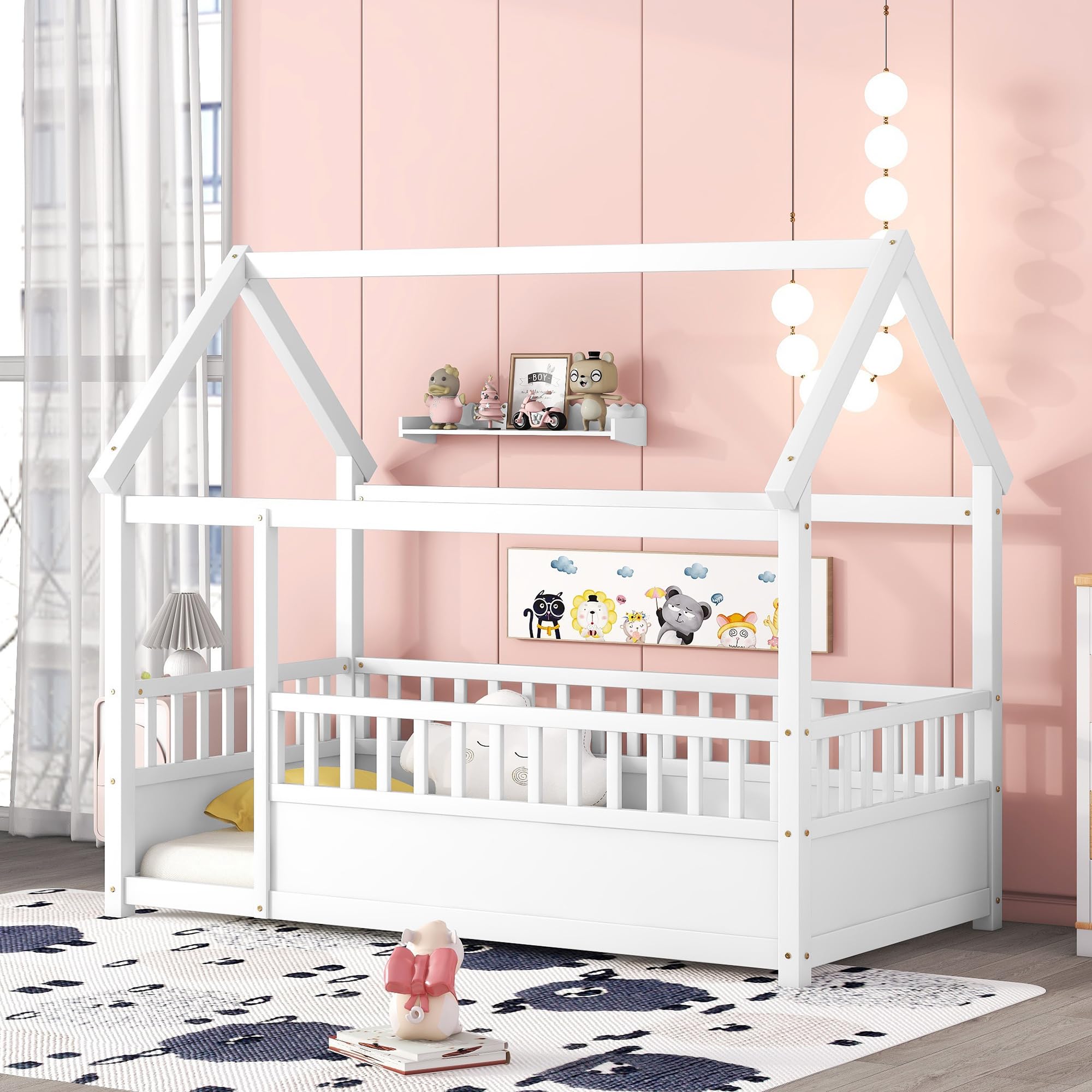 Twin Size Floor Montessori Bed for Kids, Wooden Twin House Floor Bed Frame with Rails Fence, Kids Twin Floor Bed Playhouse Bed Frame for Girls, Boys, White