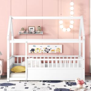 Twin Size Floor Montessori Bed for Kids, Wooden Twin House Floor Bed Frame with Rails Fence, Kids Twin Floor Bed Playhouse Bed Frame for Girls, Boys, White