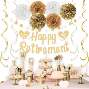 KOKAR Happy Retirement Decorations – Gold Happy Retirement Banner, Paper Pom Poms, Hanging Swirls and Glitter Circle Dots Garland for Retirement Party Decorations