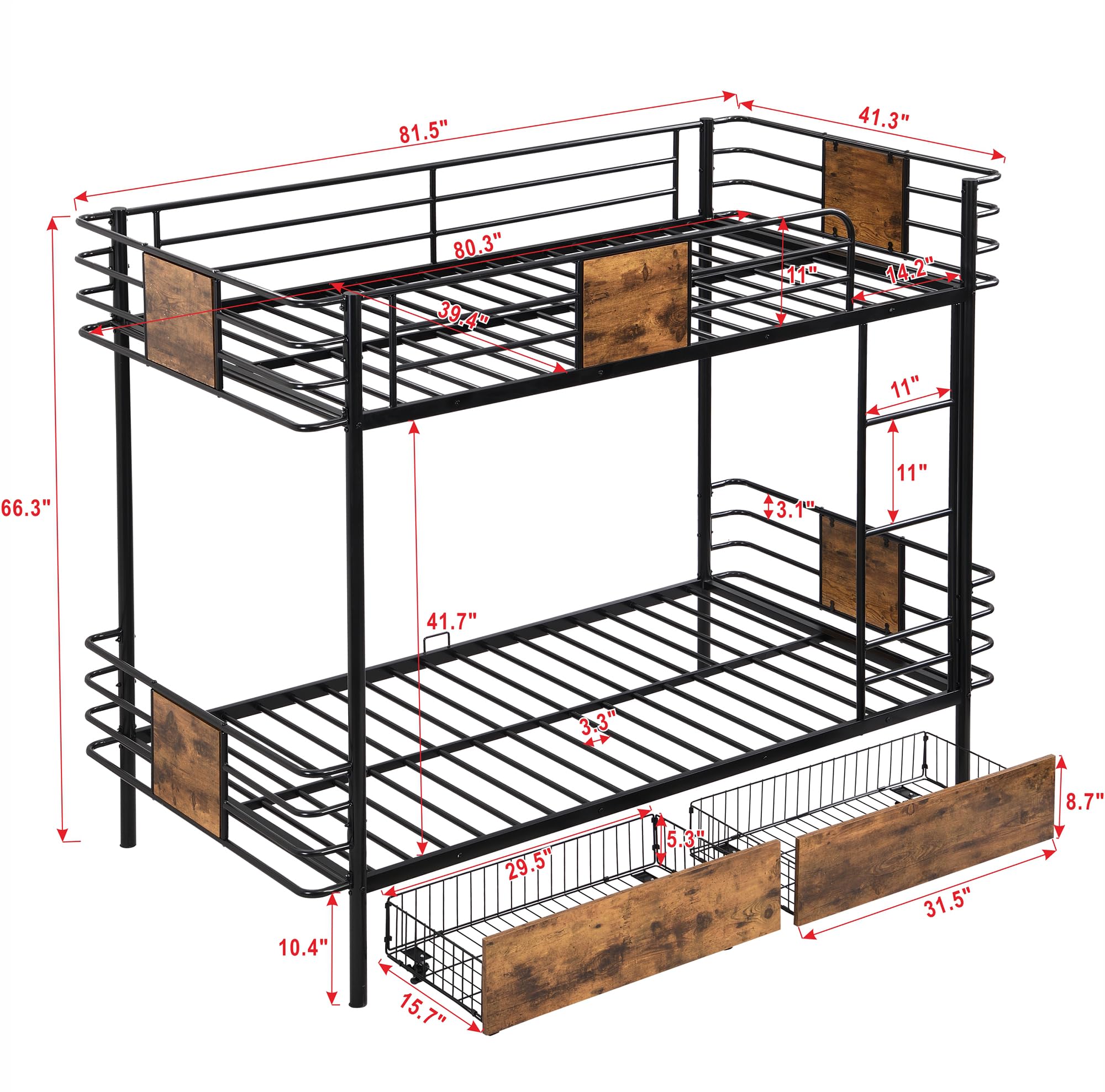 YOPTO Twin XL Over Twin XL Metal Bunk Bed with MDF Board Guardrail,an Integrated Ladder,Full-Length Guardrails and Two Storage Drawers,Industrial Modern bunk-Bed,No Box Spring Needed,Black