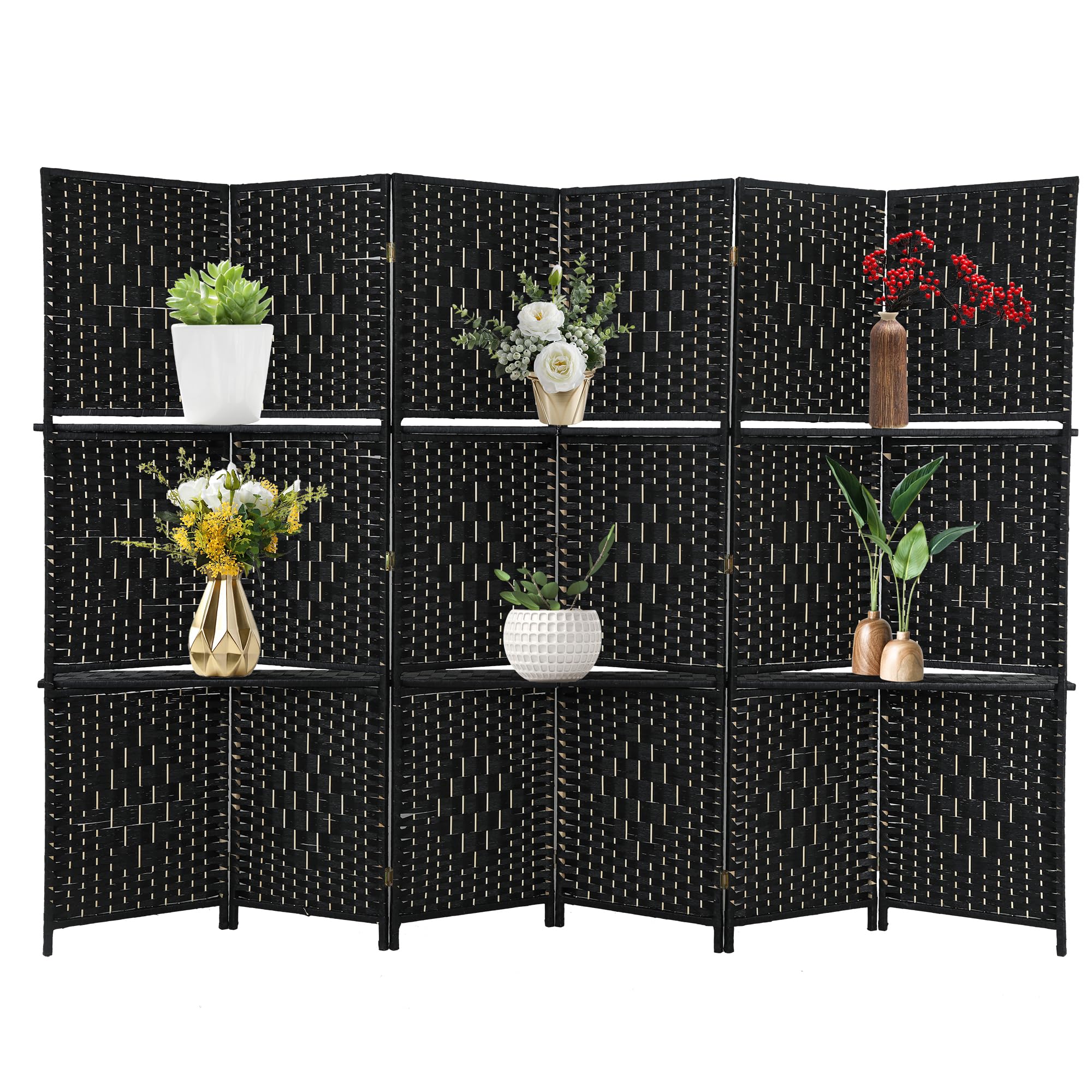 Room divider 6 panel room screen divider wooden screen folding portable partition screen wood with removable storage shelves colour，Black