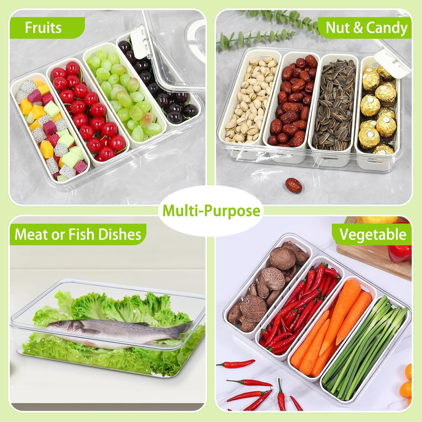 Salad Bar Containers for Fridge, 4 Compartment Divided Serving Tray with Lid & Handle for Fridge Fruit Charcuterie Storage, Veggie Tray Drainer Container Berry Snackle Box Container, BPA-Free