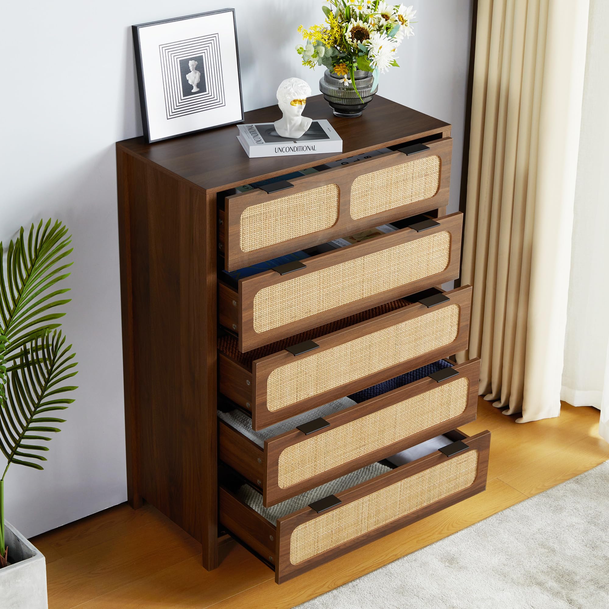 LEVNARY 5 Drawer Chest Dresser, Rattan Tall Dresser 5 Chest of Drawers Dressers for Bedroom, Wooden Storage Cane Cabinet with Metal Handles for Living Room Hallway (Walnut)