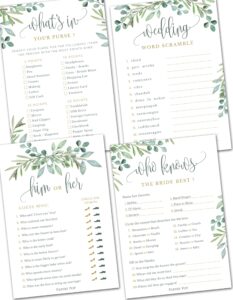 papery pop bridal shower games - wedding shower games - 4 games for 25 guests - double sided cards - eucalyptus