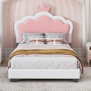 Bellemave Twin Size Princess Bed Frame with Crown Headboard, PU Upholstered Princess Twin Bed for Girls,Kids Twin Platform Bed,(Twin,White)