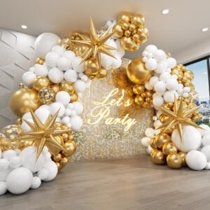 fotiomrg white and gold balloons garland arch kit with 3pcs starburst balloons, metallic gold white for wedding engagement baptism bridal shower anniversary new years birthday party decorations