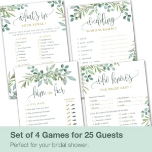 Papery Pop Bridal Shower Games - Wedding Shower Games - 4 Games for 25 Guests - Double Sided Cards - Eucalyptus