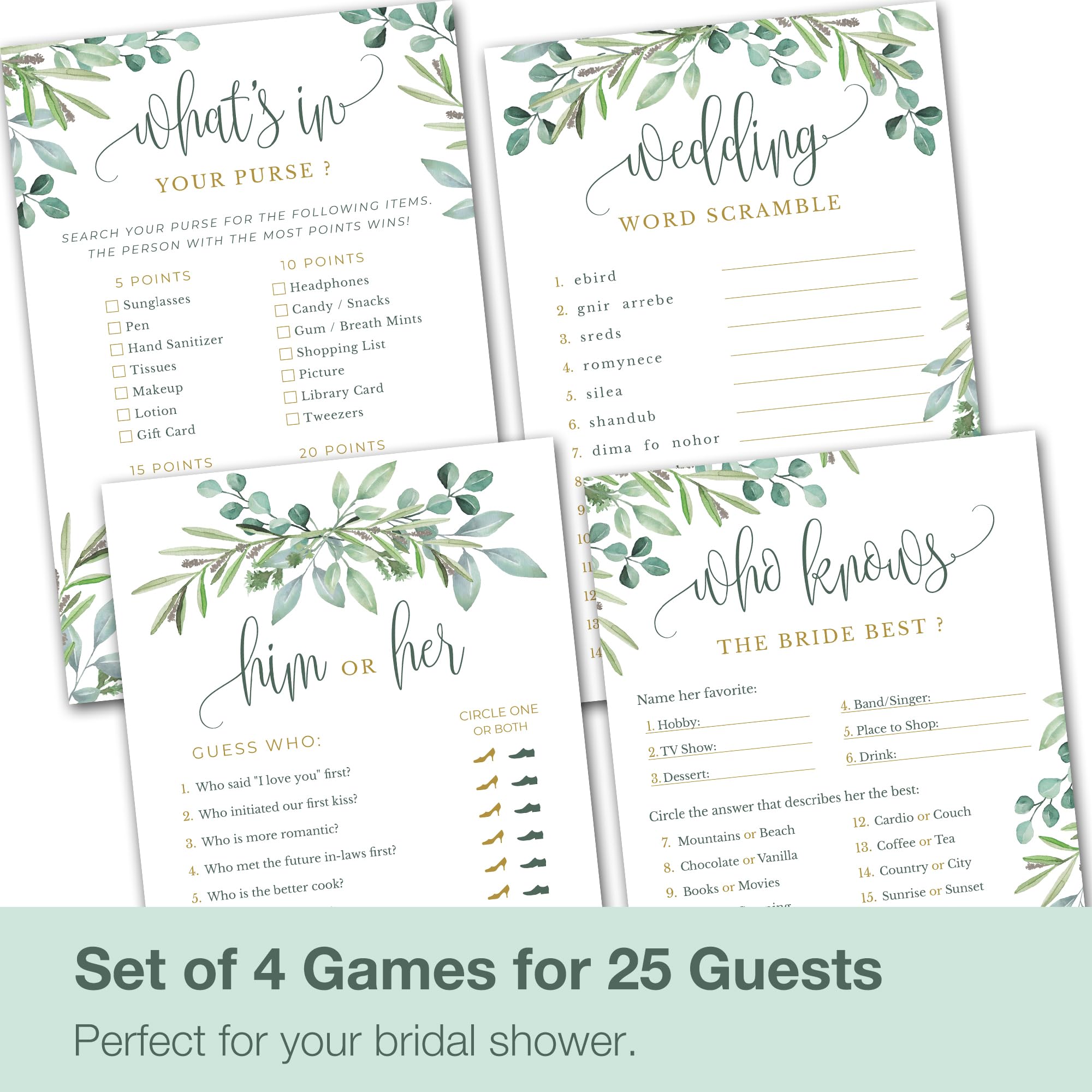 Papery Pop Bridal Shower Games - Wedding Shower Games - 4 Games for 25 Guests - Double Sided Cards - Eucalyptus