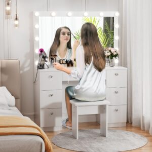 VOWNER Vanity with Lighted Mirror - Makeup Vanity Desk with Power Outlet and 7 Drawers, 3 Color Lighting Modes Adjustable Brightness, 44" Vanity Table with Soft Cushioned Stool for Women Girls, White