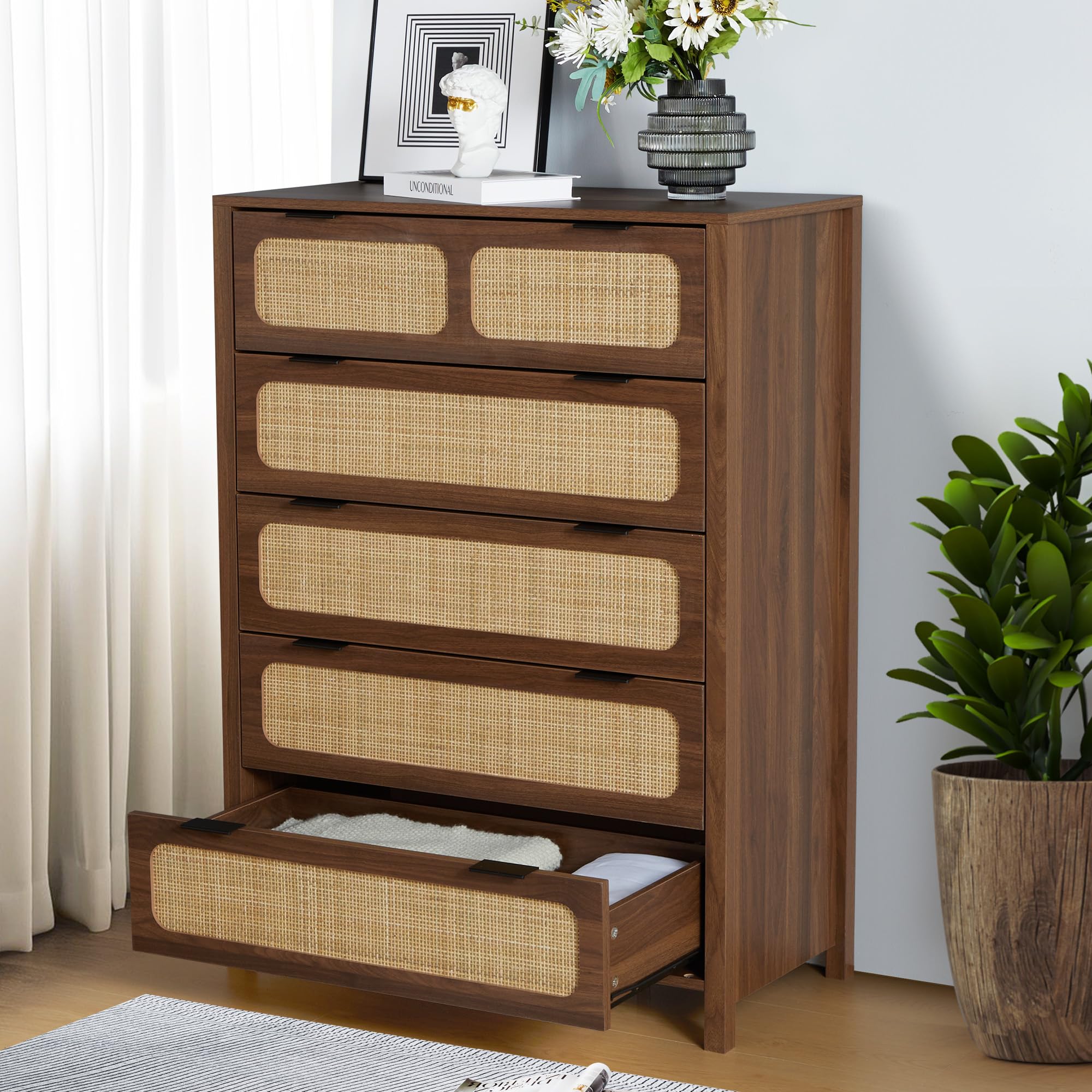 LEVNARY 5 Drawer Chest Dresser, Rattan Tall Dresser 5 Chest of Drawers Dressers for Bedroom, Wooden Storage Cane Cabinet with Metal Handles for Living Room Hallway (Walnut)