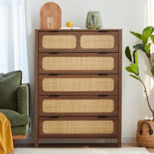 levnary 5 drawer chest dresser, rattan tall dresser 5 chest of drawers dressers for bedroom, wooden storage cane cabinet with metal handles for living room hallway (walnut)