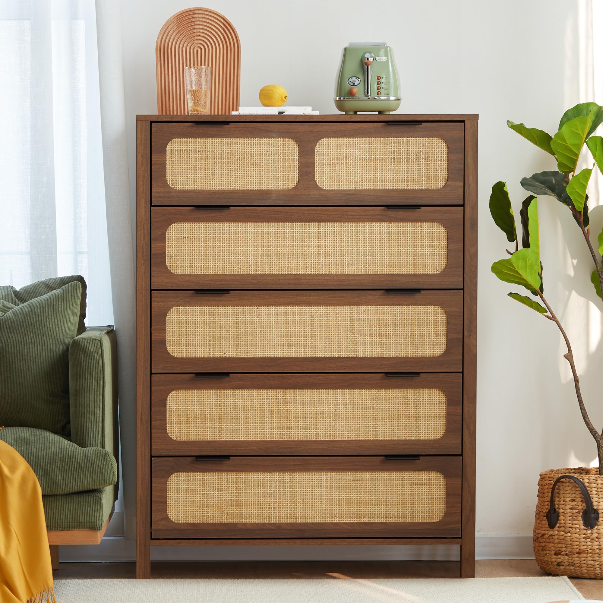 LEVNARY 5 Drawer Chest Dresser, Rattan Tall Dresser 5 Chest of Drawers Dressers for Bedroom, Wooden Storage Cane Cabinet with Metal Handles for Living Room Hallway (Walnut)