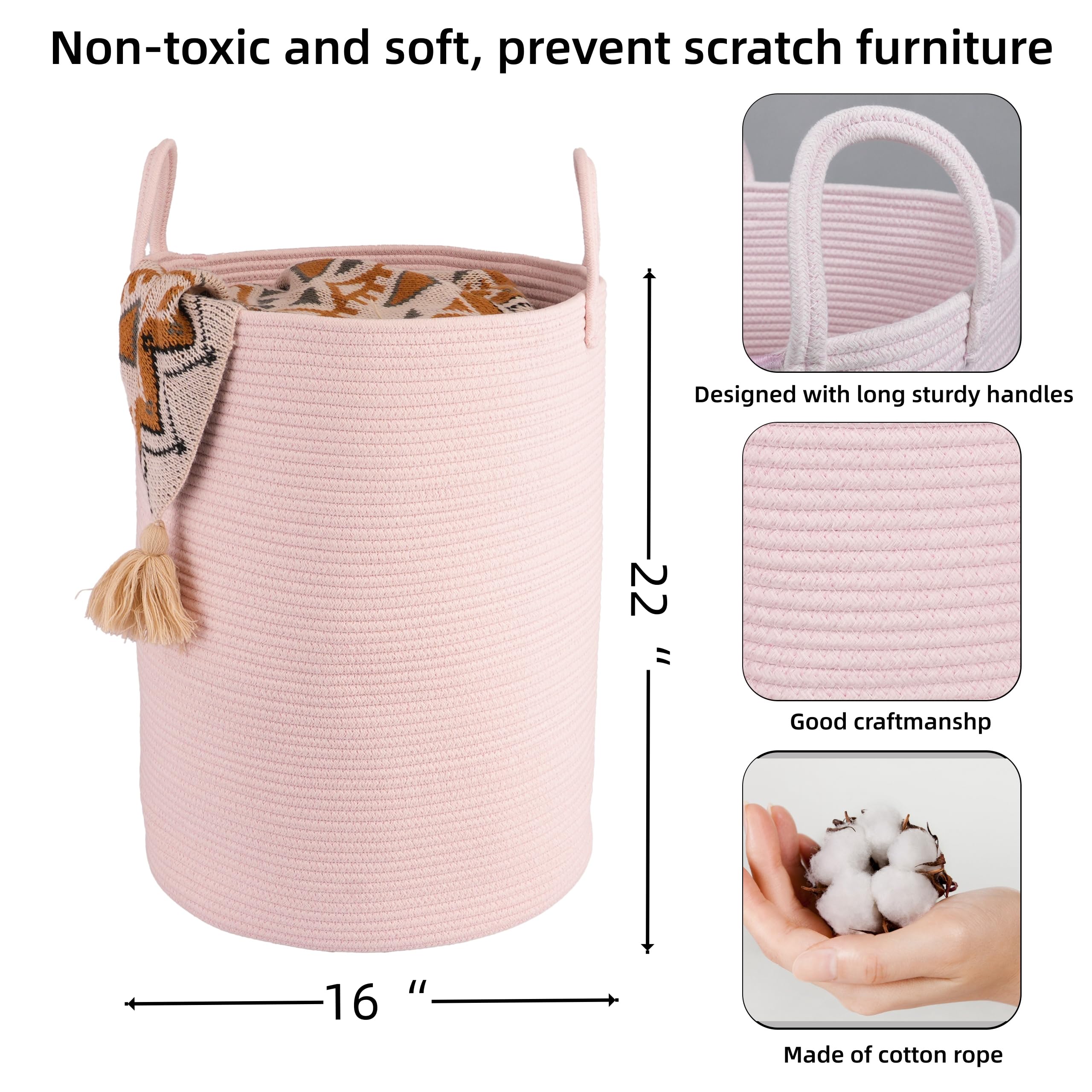 XUANGUO Cotton Rope Laundry Basket Hamper for Clothes Woven Storage Basket for Living Room Bedroom Boho Tall Rope Baskets for Blanket Toys Pillow Towels Baby Nursery Hamper Bin Large light pink