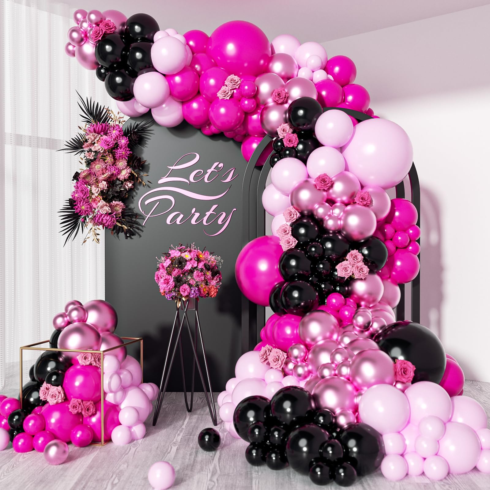 Pink and Black Balloon Arch Kit, Hot Pink Black Light Pink Metallic Pink Balloons for Birthday Baby Shower Bridal Shower Wedding Princess Party Decorations