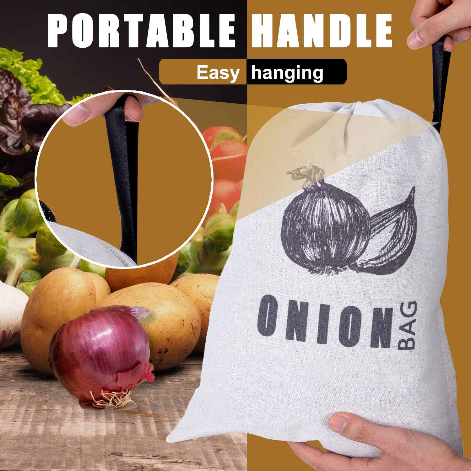 TOGETRUE Potato Onion Storage Bag, Fabric Onion and Potatoes Storage Bag, Washable Garlic Potatoes Onions Keeper with Drawstring for Pantry, 2 Pack (Potato Onion Bag)