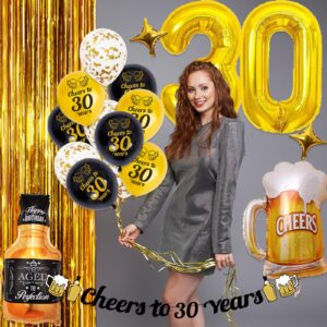 30th Birthday Decorations for Him,Black and Gold 30th Birthday Decorations with Banner Number 30 Balloons Curtains and Balloons