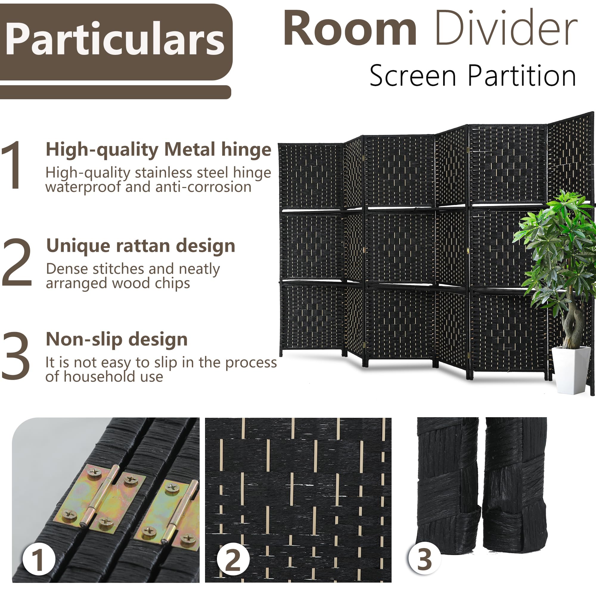 Room divider 6 panel room screen divider wooden screen folding portable partition screen wood with removable storage shelves colour，Black