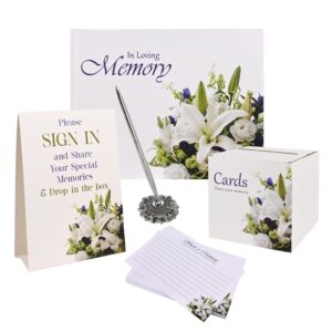 Customoffi Guest Book Set, Funeral Guest Book, Includes: Guestbook with 100 Pages, 60 Memory Cards, Ball Pen+Pen Stand, Table Sign, Card Box, Celebration of Life Guest Book, Memorial Guest Book